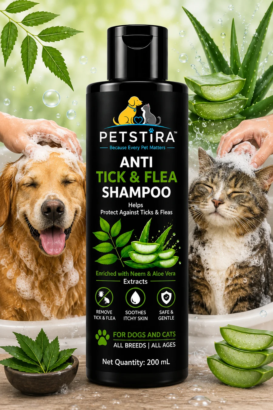 Dog and cat being bathed with PETSTIRA shampoo