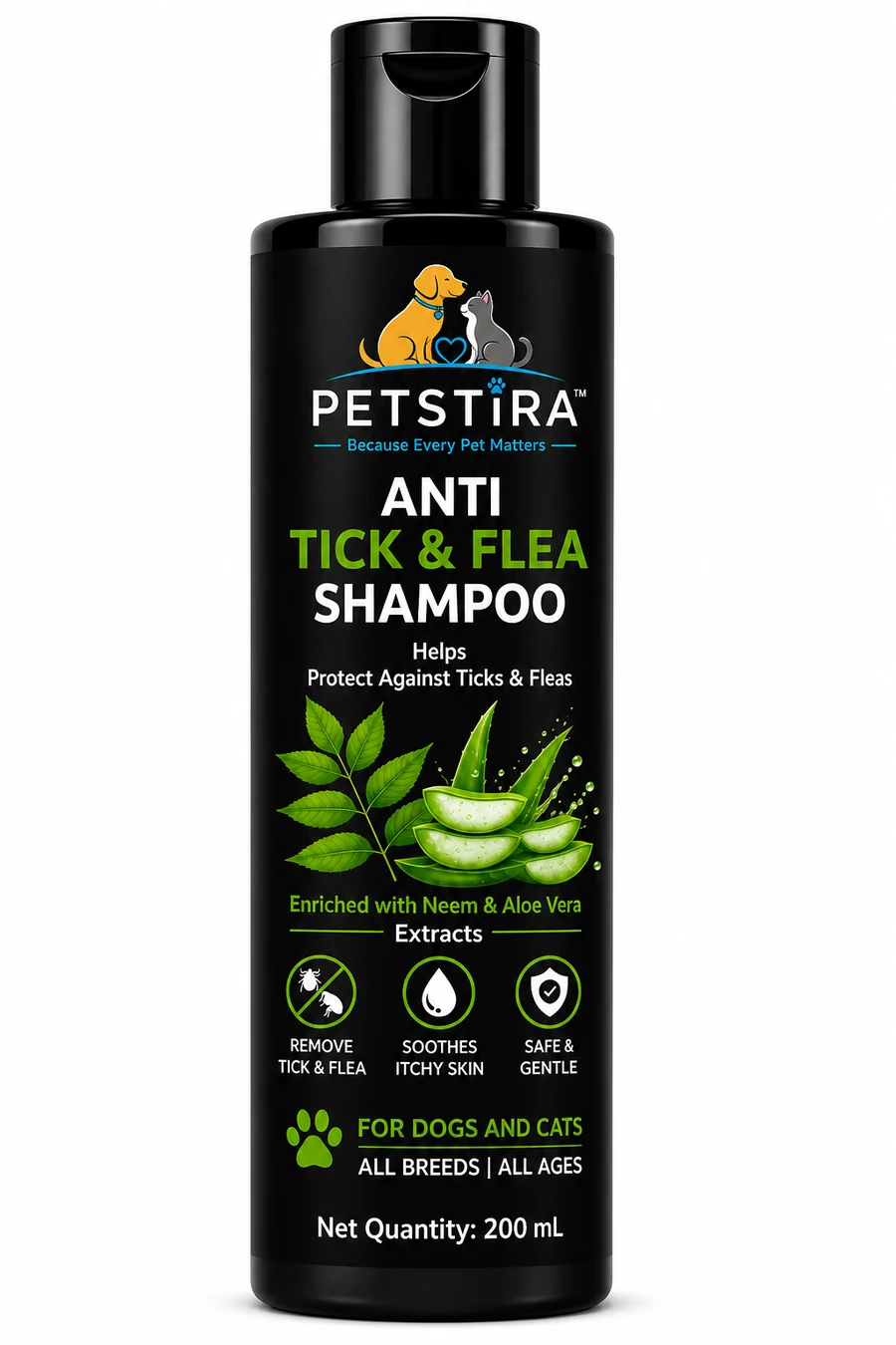 PETSTIRA Anti Tick & Flea Shampoo for Dogs & Cats, 200 ml
