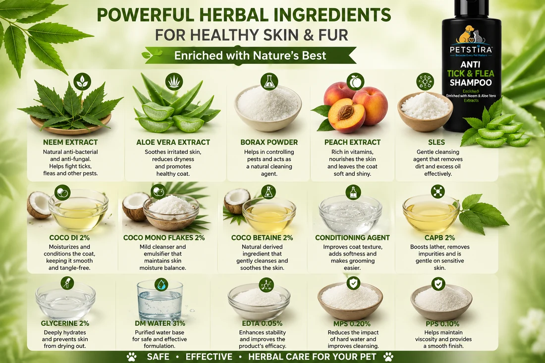 PETSTIRA shampoo ingredients: Neem Extract, Aloe Vera Extract and Peach Extract