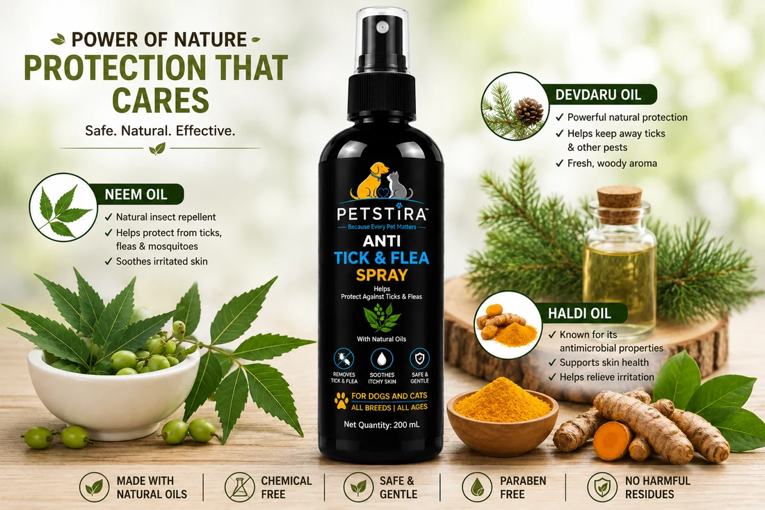 PETSTIRA spray ingredients: Neem Oil, Devdaru Oil and Haldi Oil