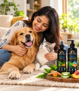 Home Indian woman cuddling a golden retriever and a cat with PETSTIRA anti tick and flea spray and shampoo
